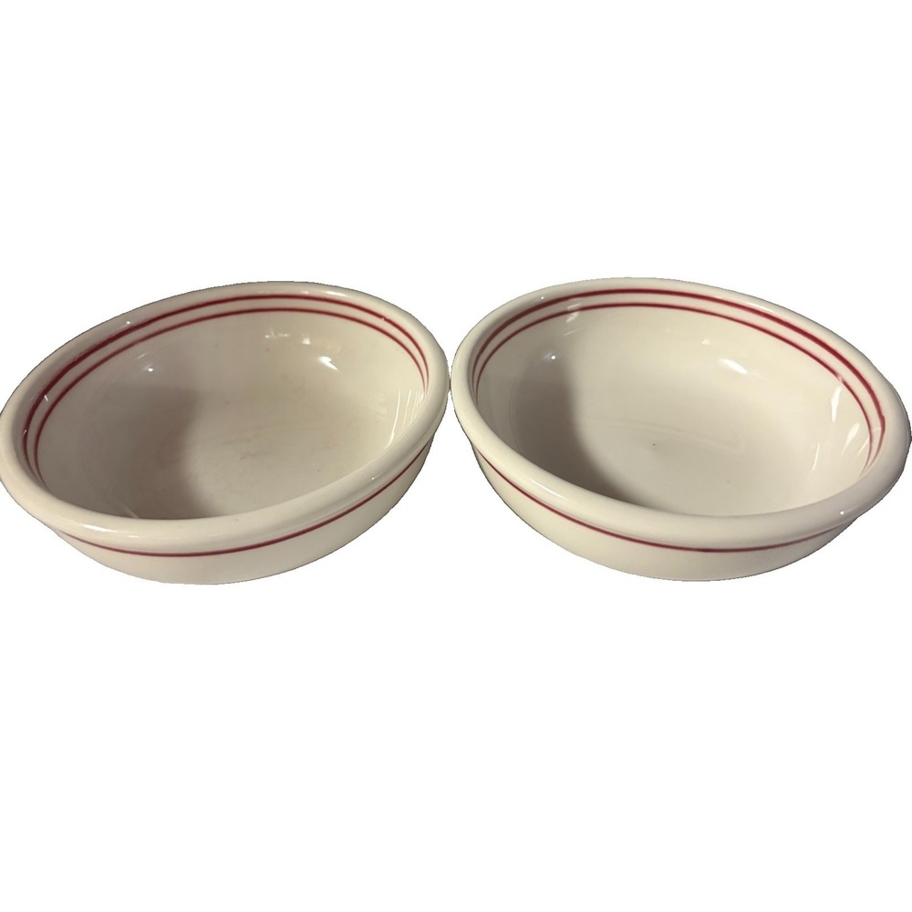 Vintage Syracuse China Restaurant Ware Bowls Red Double Stripe Set of 2 5.5" - Picture 4 of 7